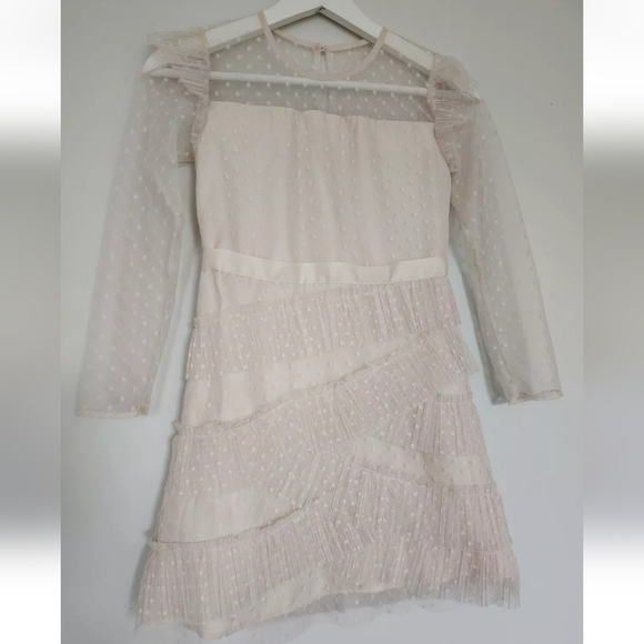 BCBG GIRLS LIGHT BEIGE RUFFLES FRILLS SHEER SLEEVES FIT & FLARE DRESS 8 - Picture 4 of 10